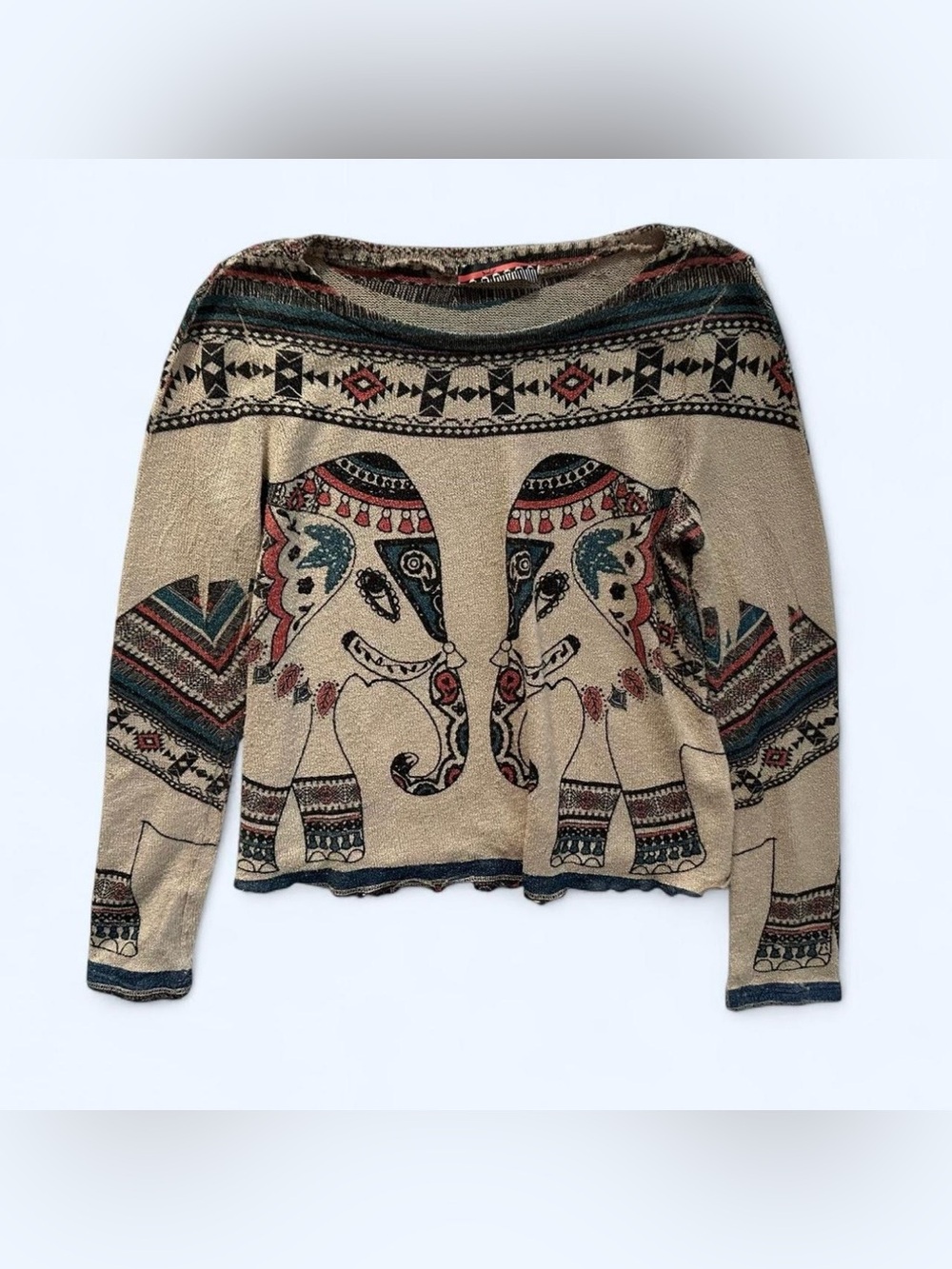 Gaze Boho Elephant Knit Long Sleeve Top Size Medium Southwestern Festival